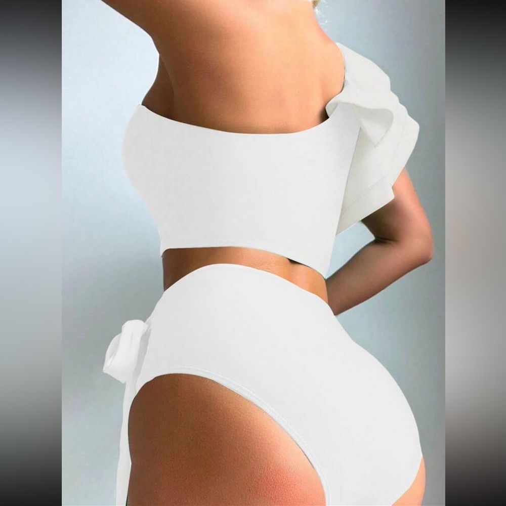 Black Swimsuit Swear wear Ruffle Trim One Shoulder Top High Waist Bottom - Picture 14 of 15